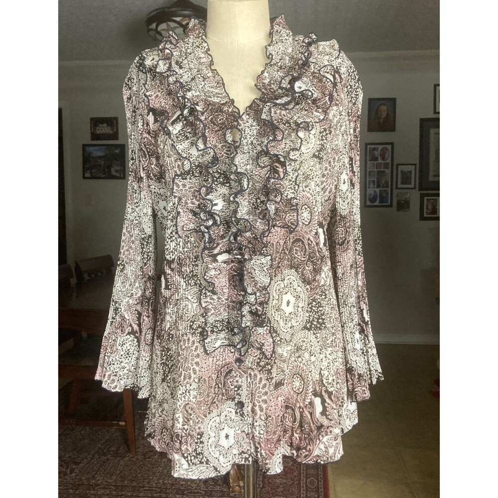 Signature Larry Levine Black Statement Blouse XL Ruffle Paisley Bell Sleve Boho